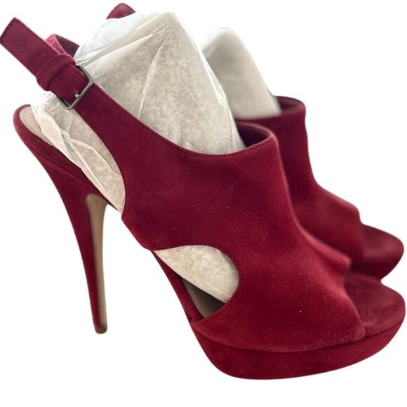 Miu Miu Red Burgundy Suede Platform Peep Toe Heeled Sandal - Picture 1 of 11